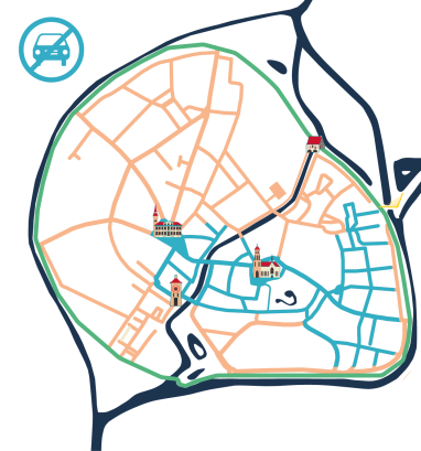 stratenplan met in blauw autovrije zone
